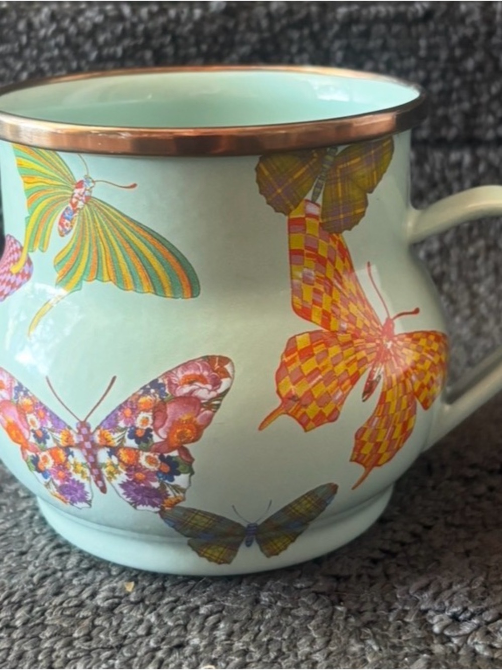 Mackenzie Childs Retired Butterfly Garden Teal Enamel 17 oz Mug